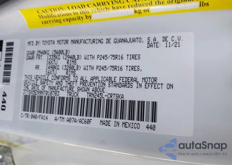 2022 Toyota Tacoma Sr from USA, damaged, VIN 3TYSX5EN9NT010783